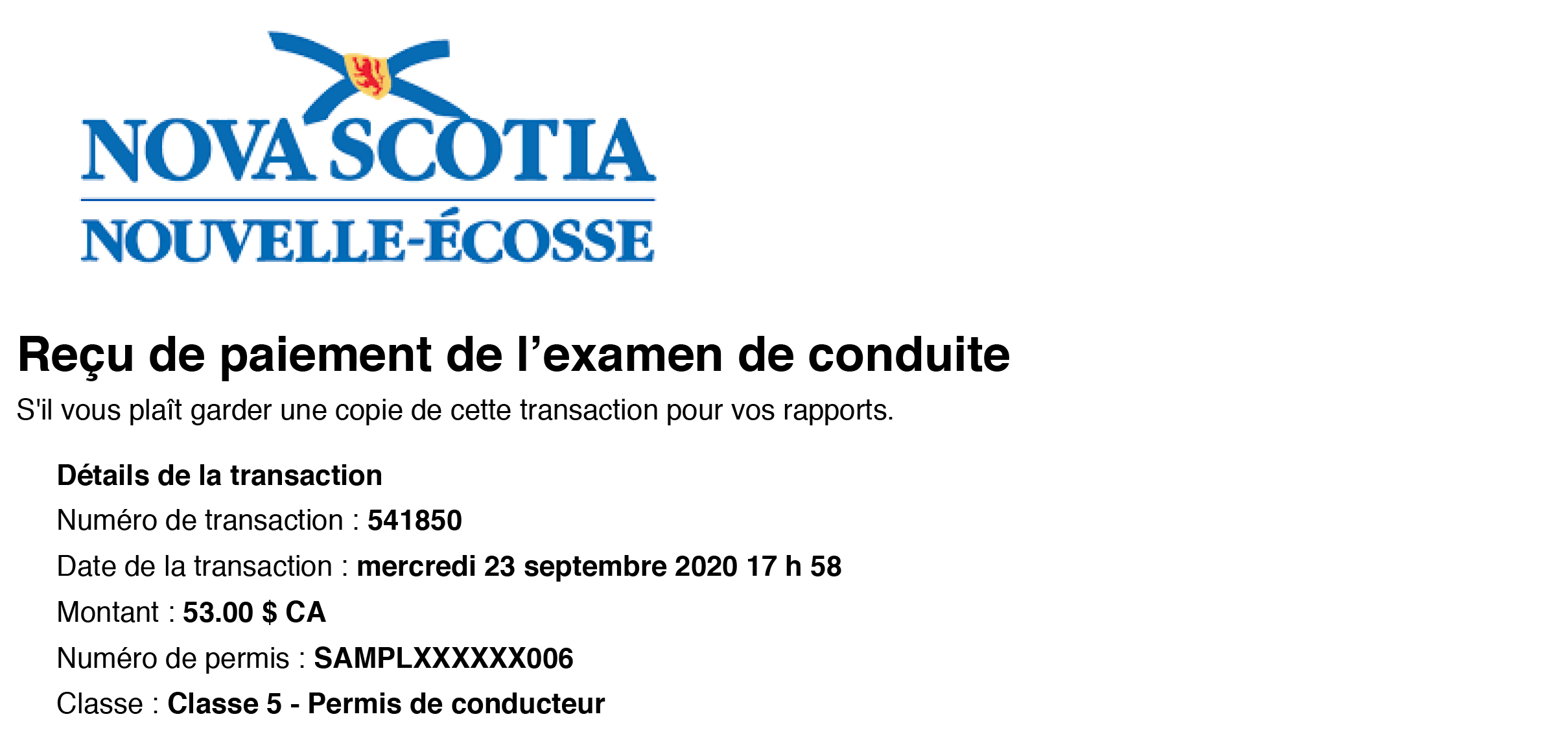 Exemple d’un reçu du paiement des frais d’examen de conduite